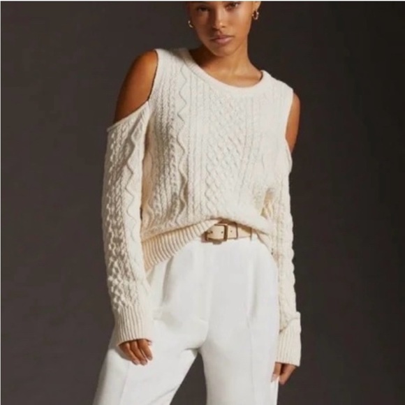 Anthropologie Pilcro Cutout Ivory Cable Knit Fisherman’s Sweater Size Small - Picture 1 of 9